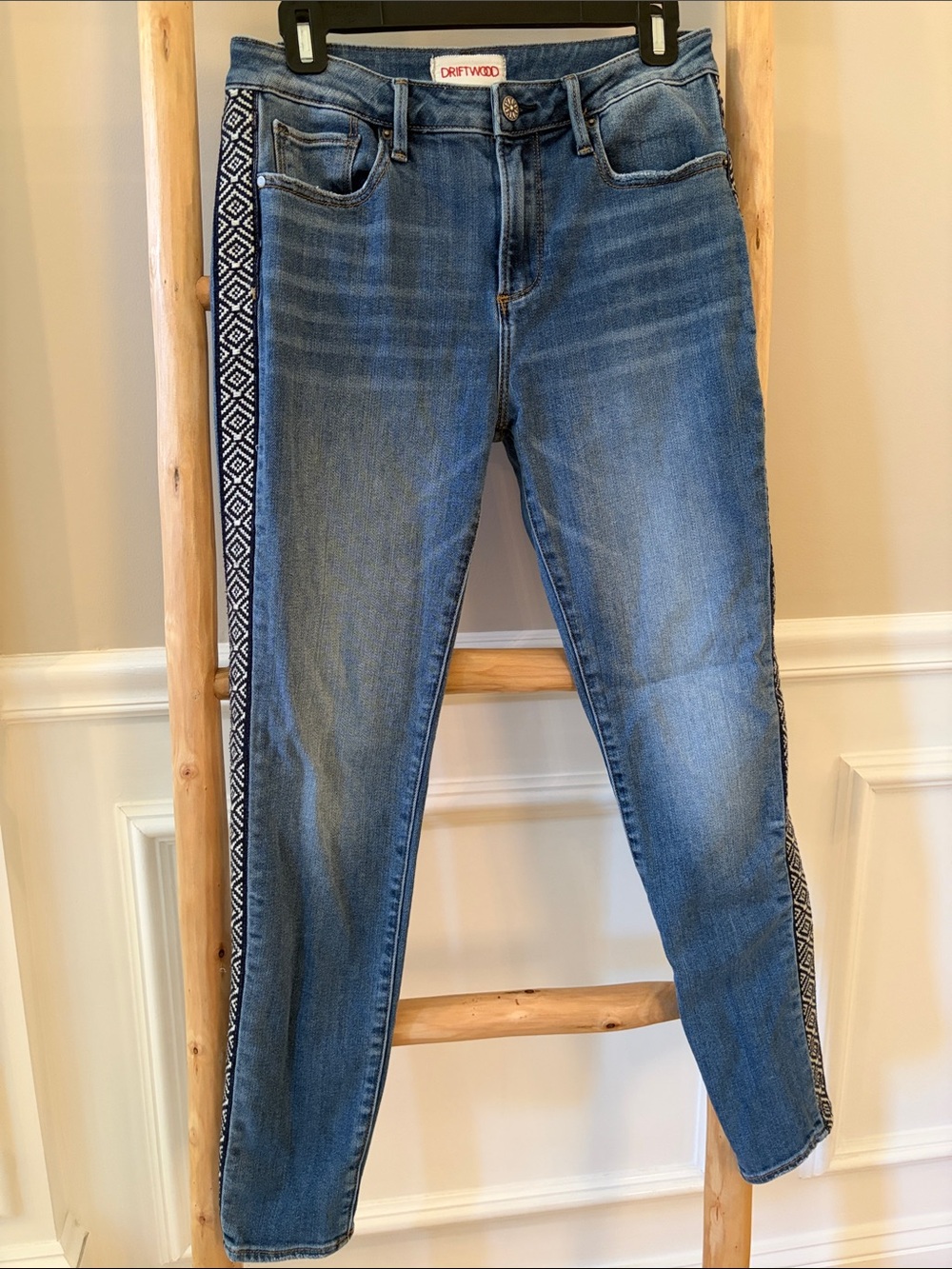 DRIFTWOOD Skinny Blue Jeans with Black & White Side Embroidered Trim